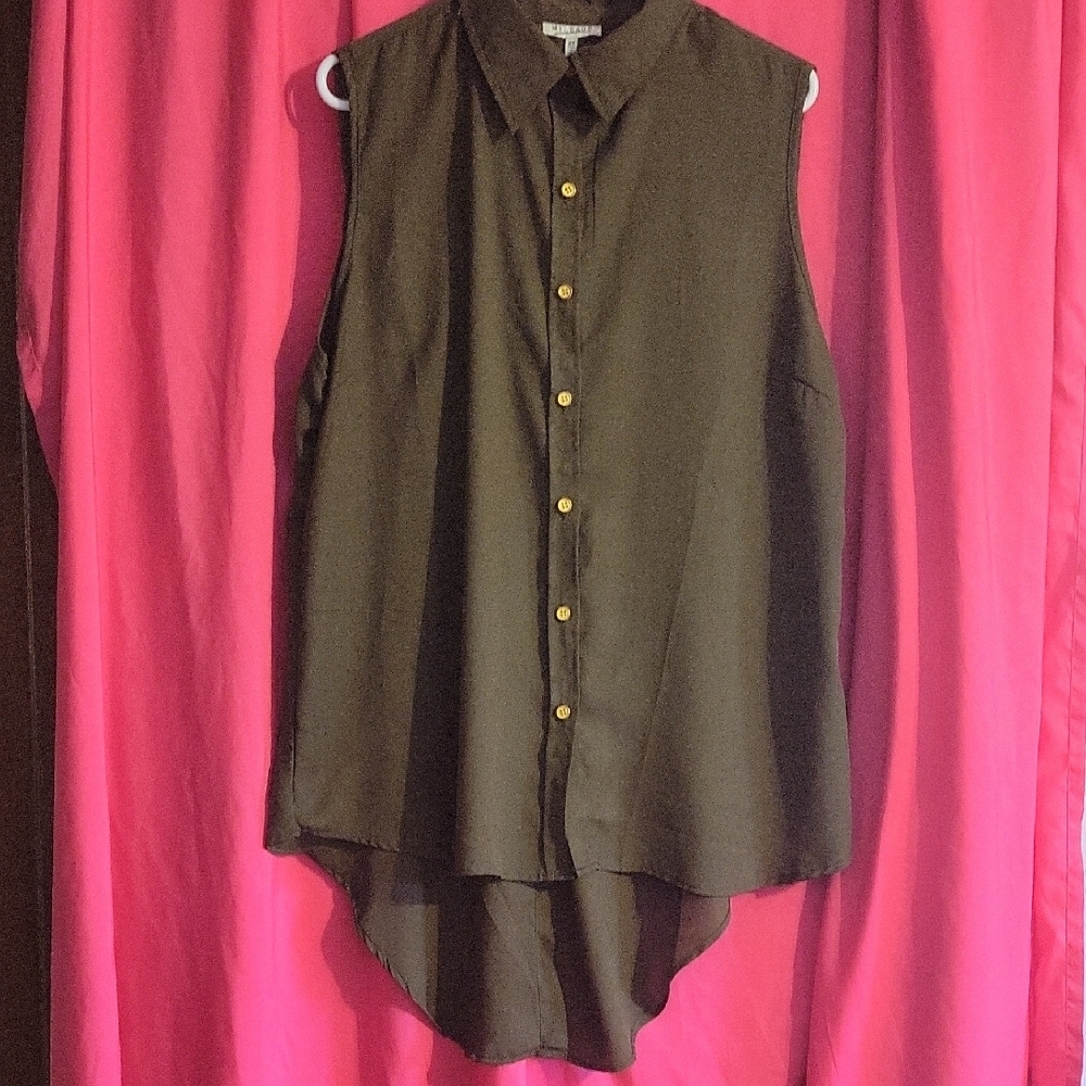Mileage Green Sleeveless Asymmetrical Button Down Shirt